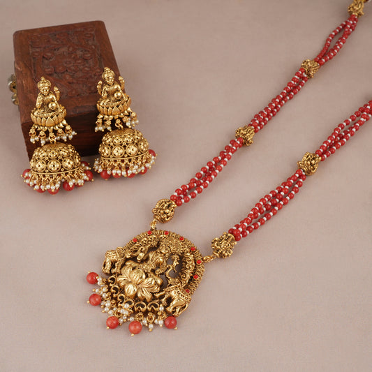 Stunning coral stone antique gold maa lakshmi necklace set with earring