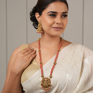 Stunning coral stone antique gold maa lakshmi necklace set with earring