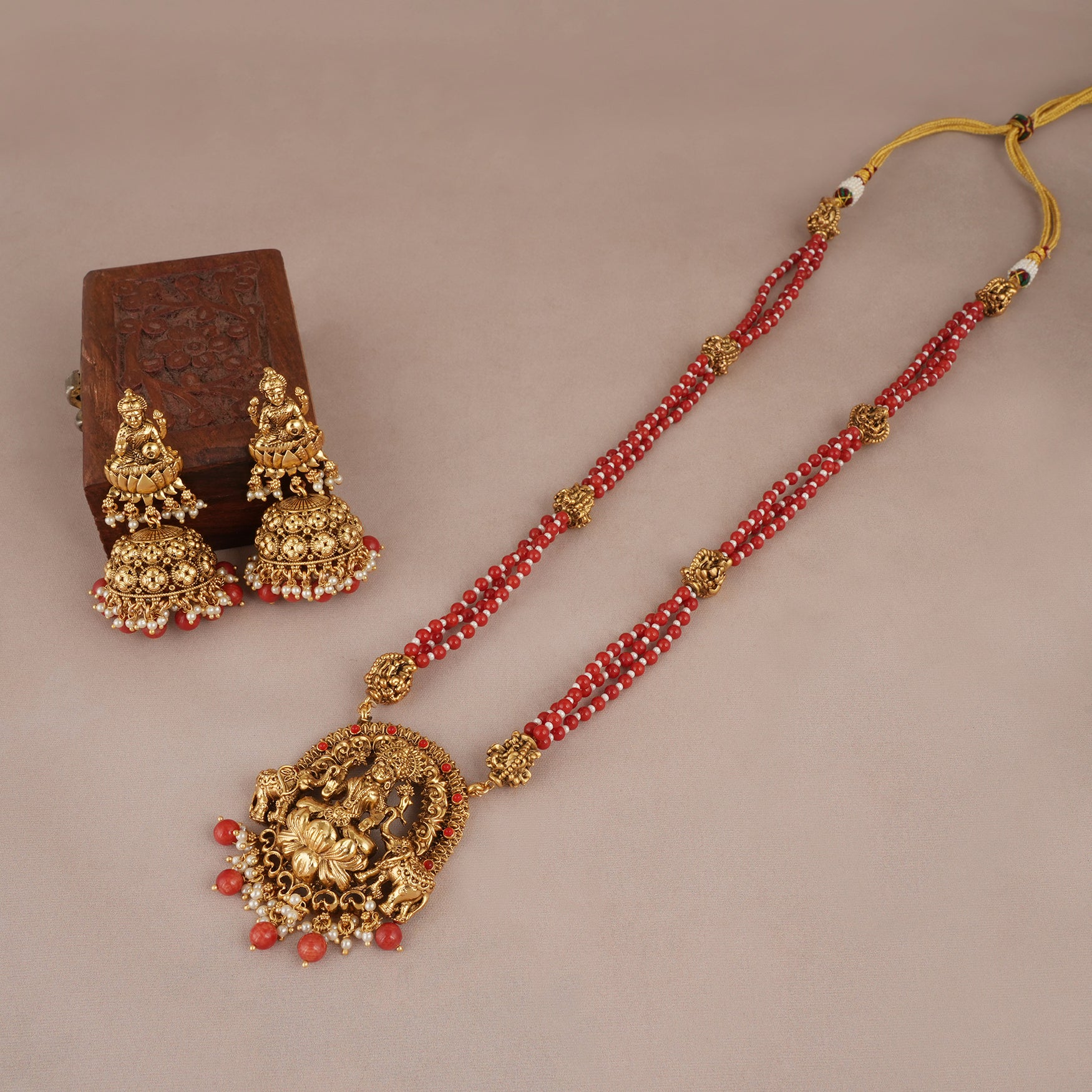 Stunning coral stone antique gold maa lakshmi necklace set with earring