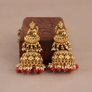 Stunning coral stone antique gold maa lakshmi necklace set with earring