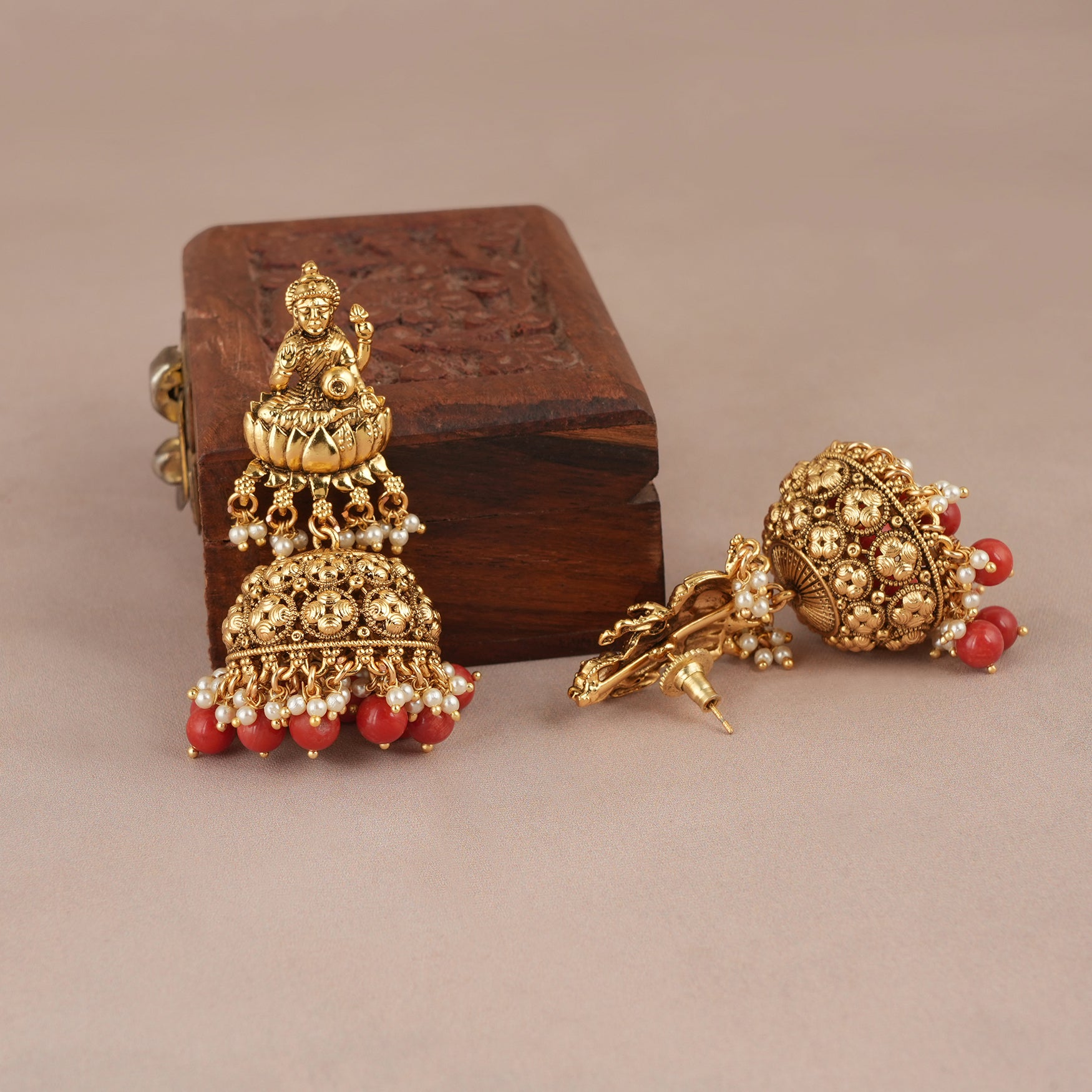 Stunning coral stone antique gold maa lakshmi necklace set with earring
