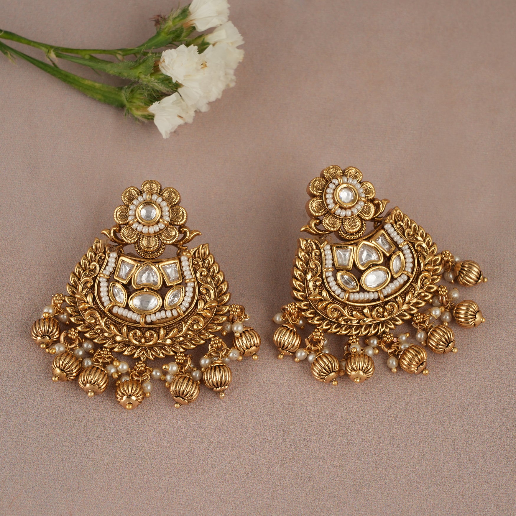 Gorgeous kundan antique gold pearl drop earring