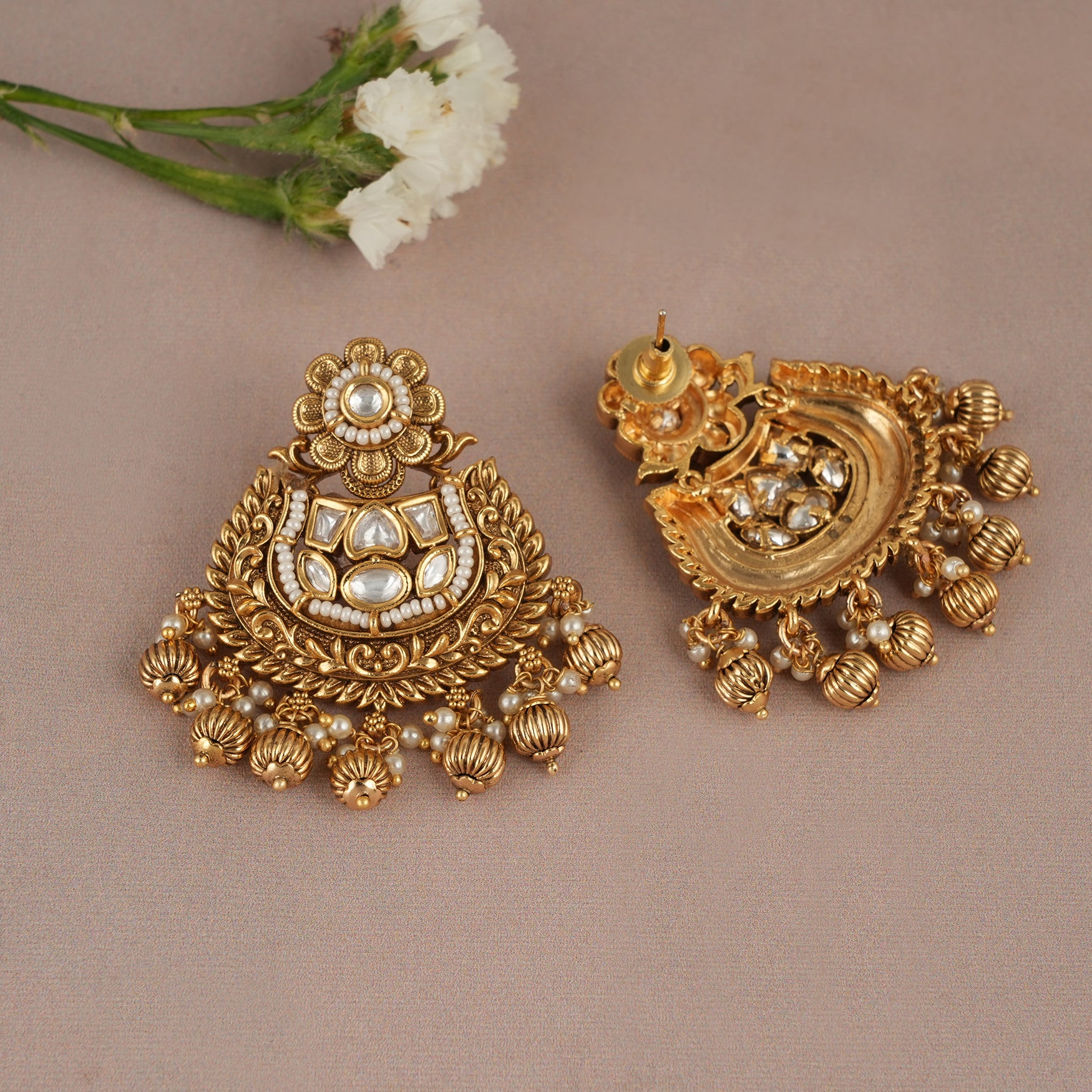 Gorgeous kundan antique gold pearl drop earring