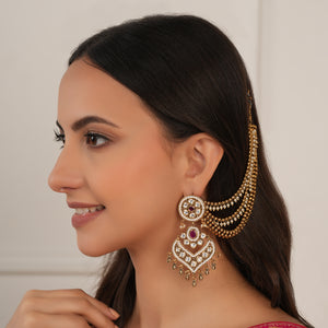 Stunning antique gold 3 layer pearl ear chain for earring