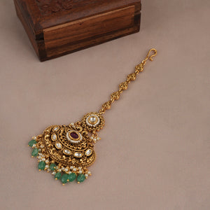 Beautiful antique gold plated green stone maangtika