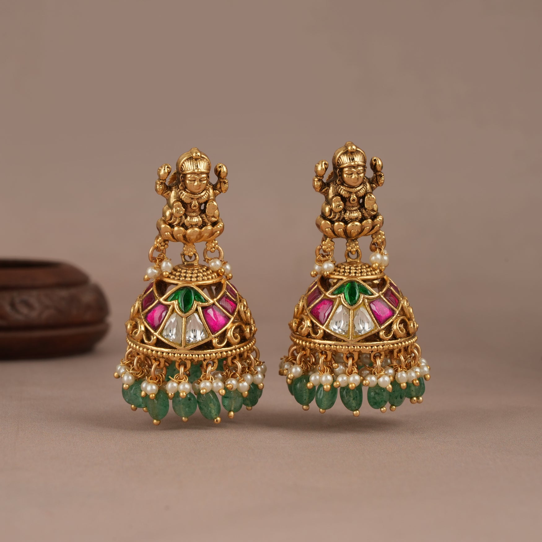Stunning antique gold plated maa lakshmi green stone earring | Temple jewellery