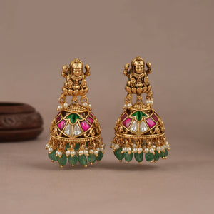 Stunning antique gold plated maa lakshmi green stone earring | Temple jewellery