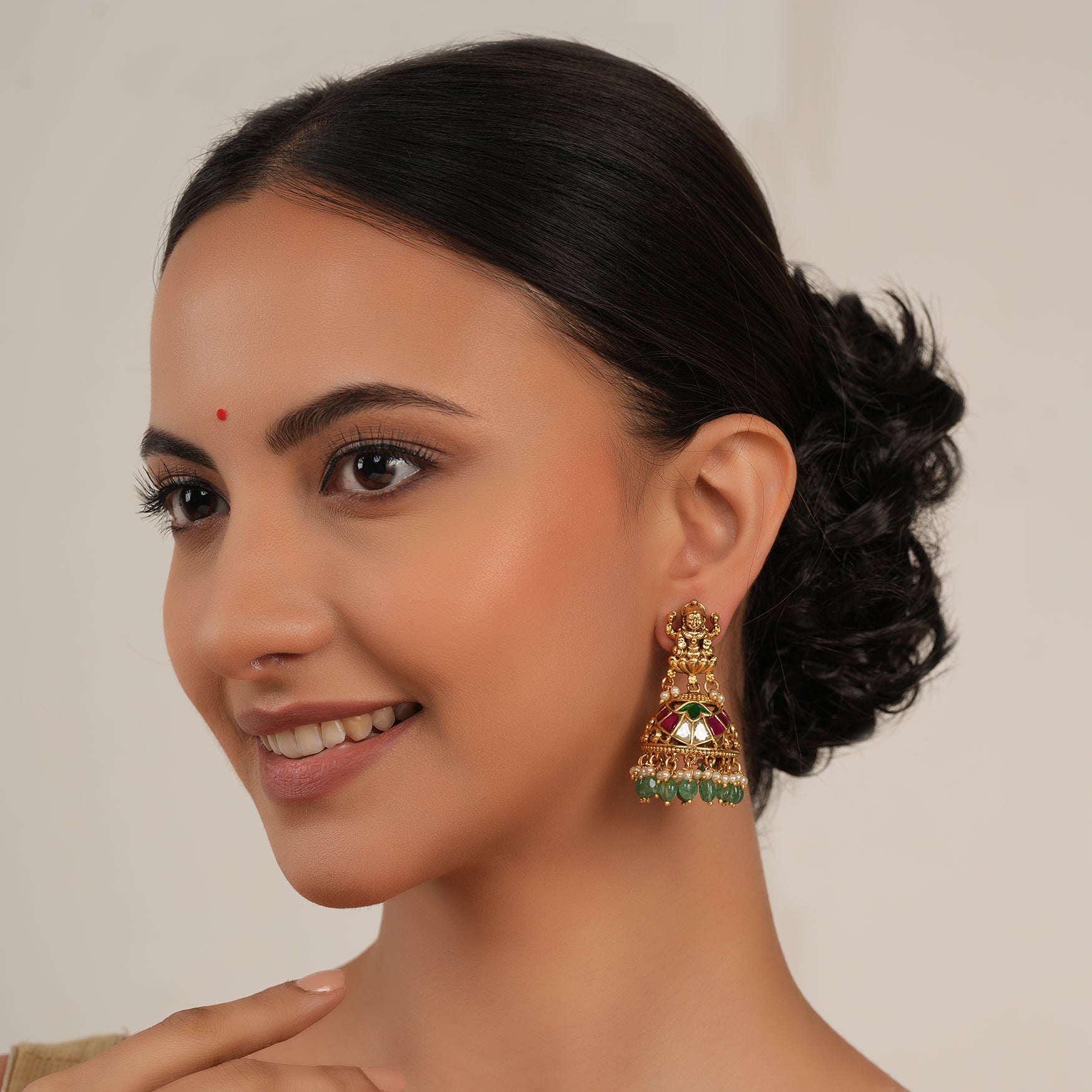 Stunning antique gold plated maa lakshmi green stone earring | Temple jewellery