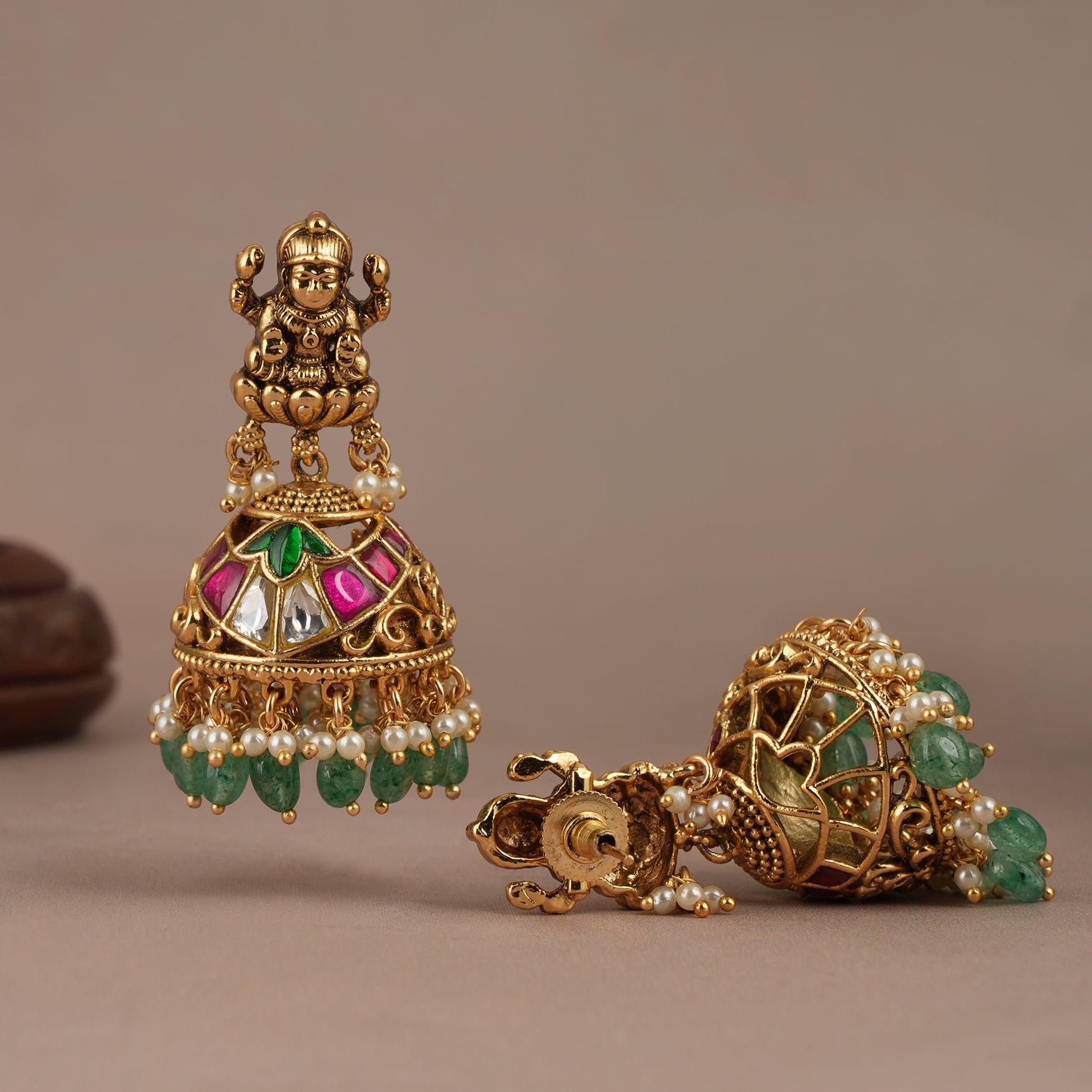 Stunning antique gold plated maa lakshmi green stone earring | Temple jewellery