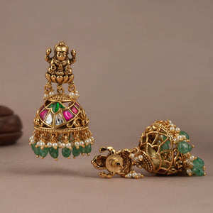 Stunning antique gold plated maa lakshmi green stone earring | Temple jewellery