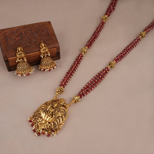 Long antique gold Maa Lakshmi mala necklace set