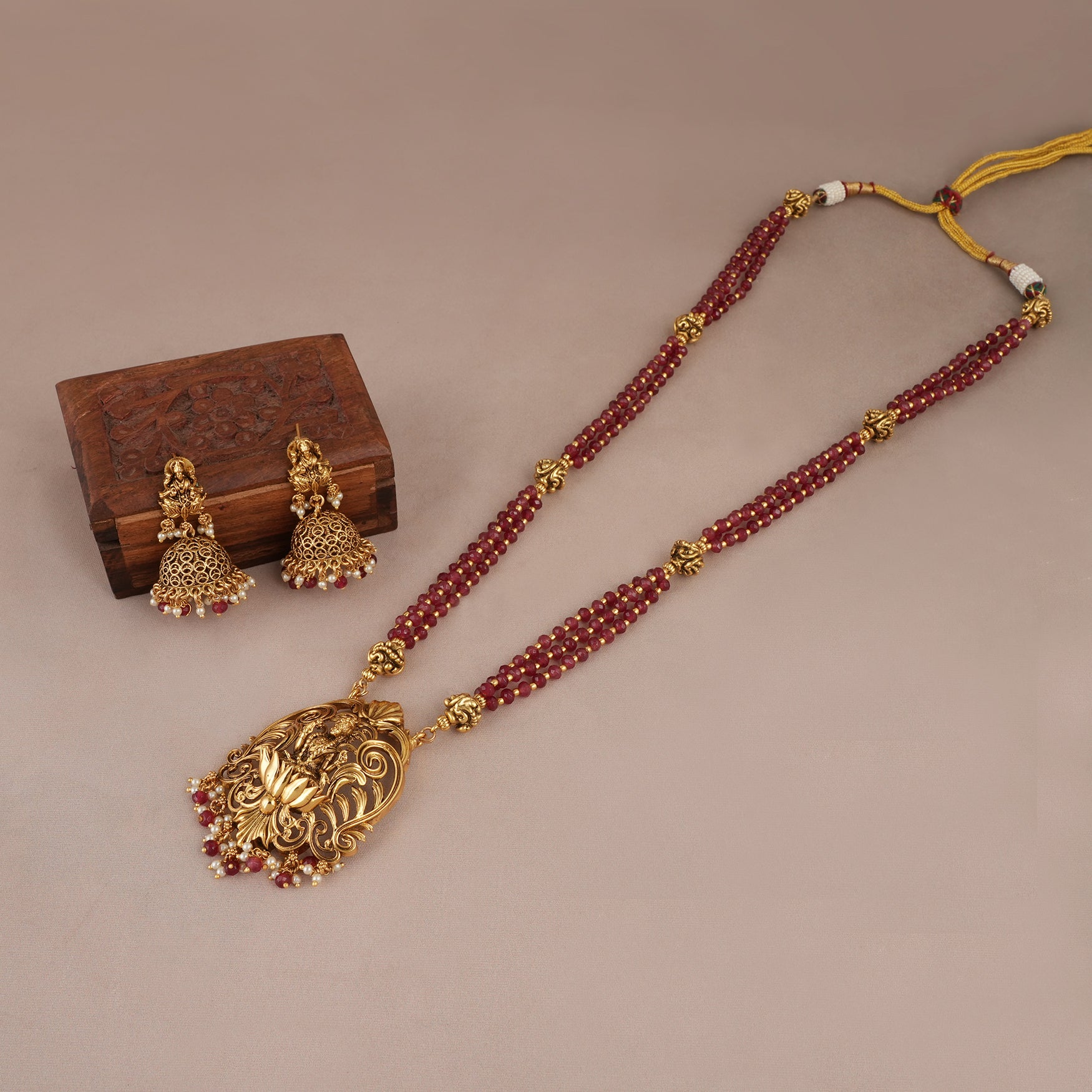 Long antique gold Maa Lakshmi mala necklace set