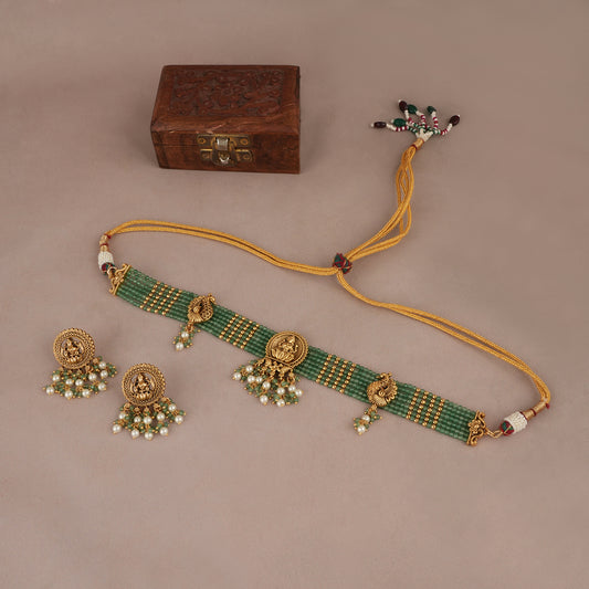 Amazing green stone maa lakshmi choker set with earring