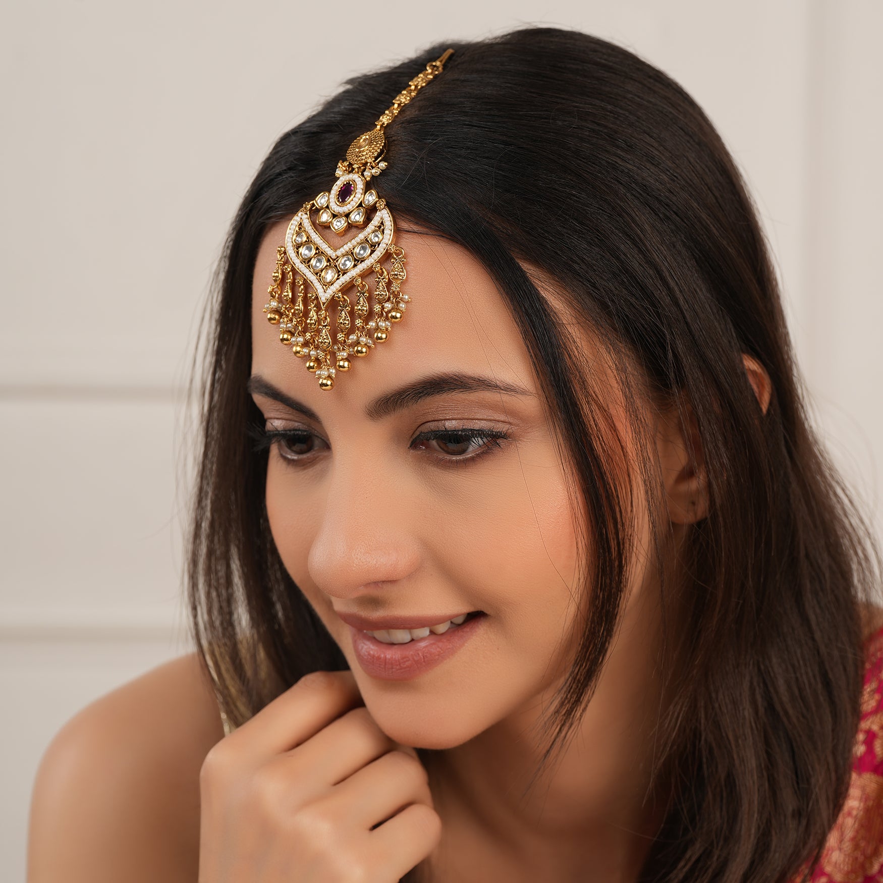 Stunning big antique gold kundan maangtika for women