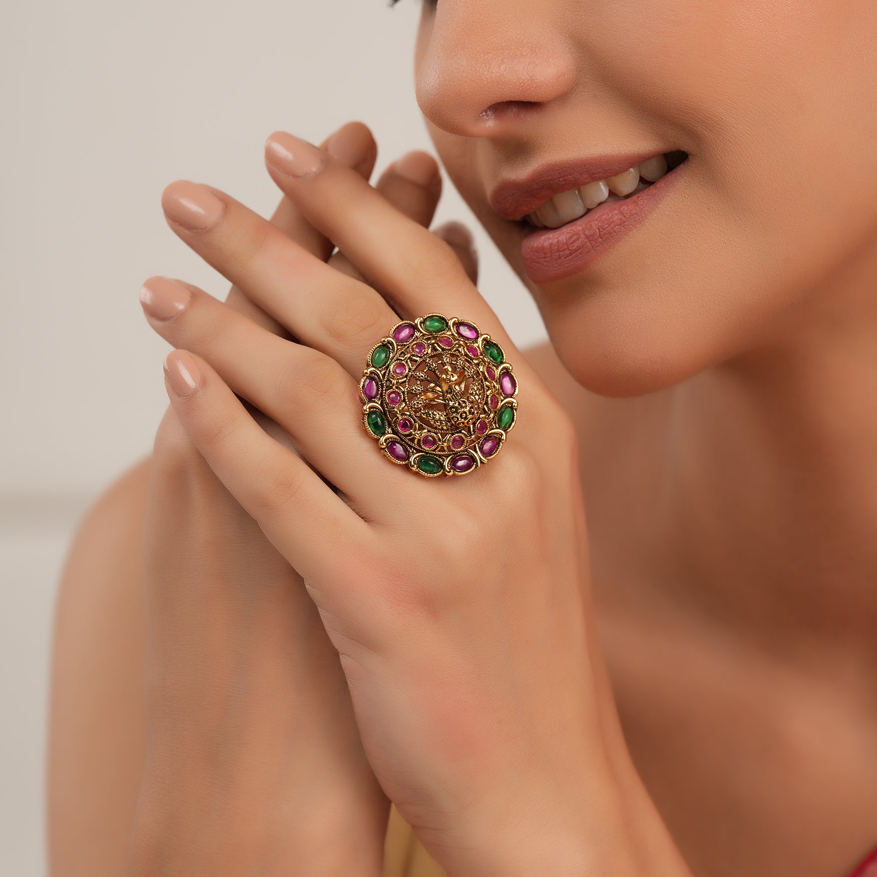 Stunning bold multicolor peacock finger ring for women