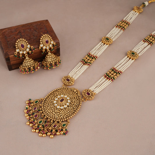 Long antique gold stunning necklace set with jhumka earring