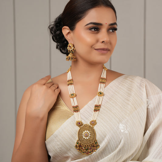 Long antique gold stunning necklace set with jhumka earring