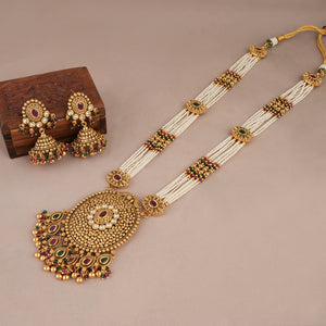 Long antique gold stunning necklace set with jhumka earring