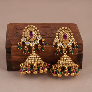Long antique gold stunning necklace set with jhumka earring