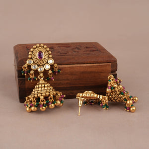 Long antique gold stunning necklace set with jhumka earring