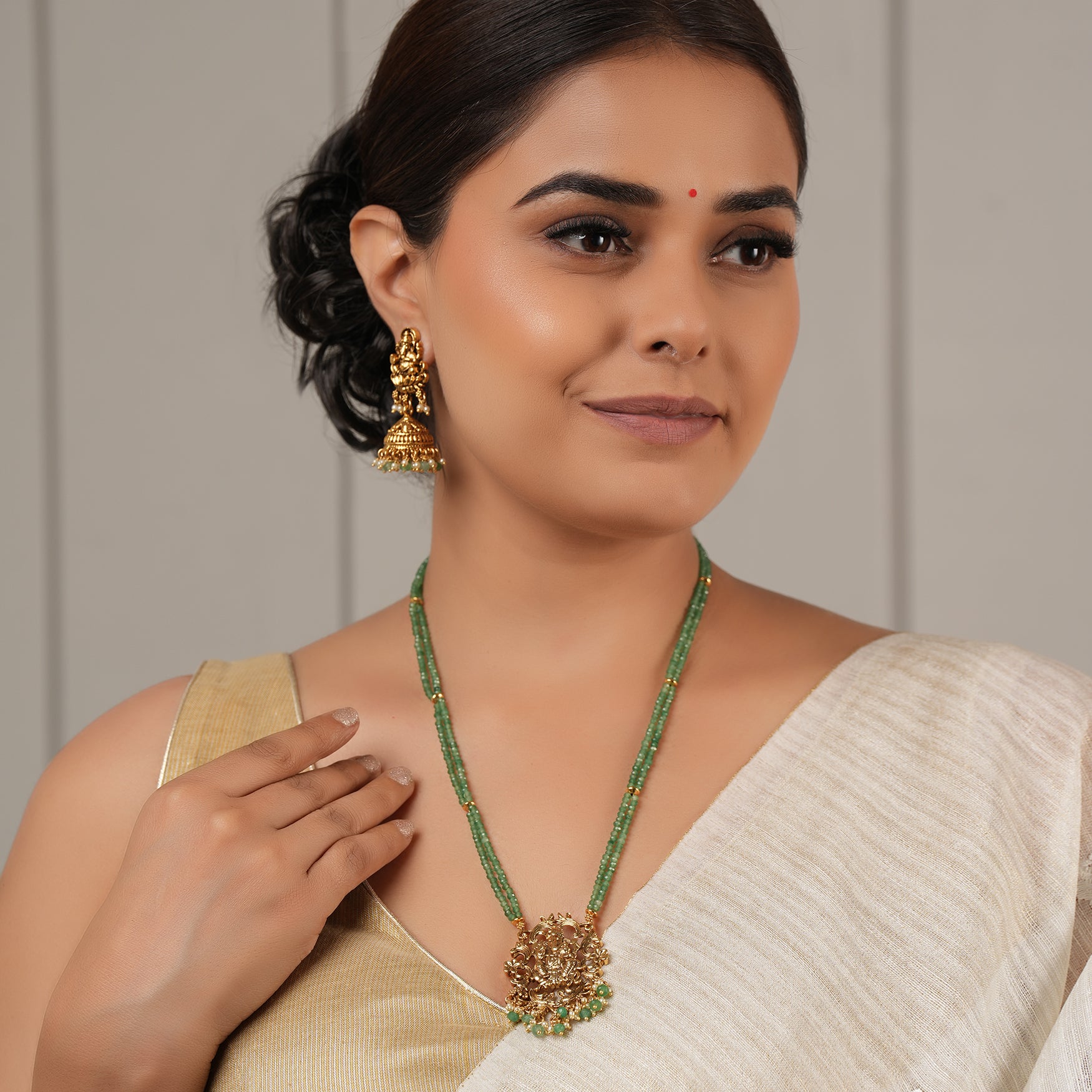 Auspicious lord ganesh antique gold long necklace set | Temple jewellery