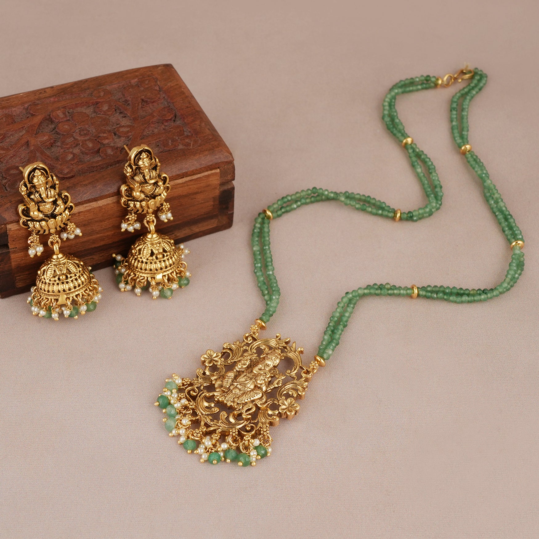 Auspicious lord ganesh antique gold long necklace set | Temple jewellery