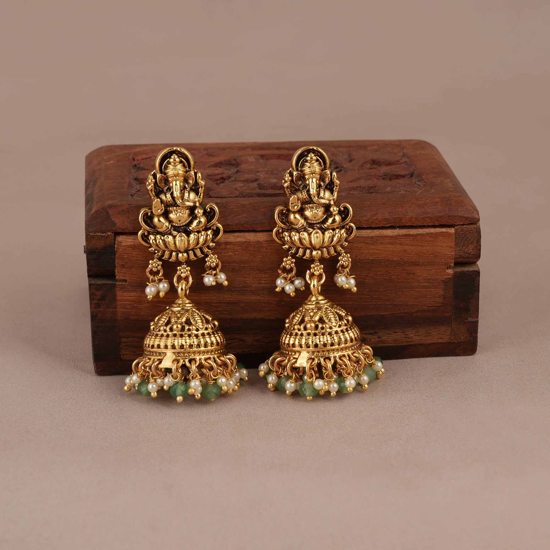Auspicious lord ganesh antique gold long necklace set