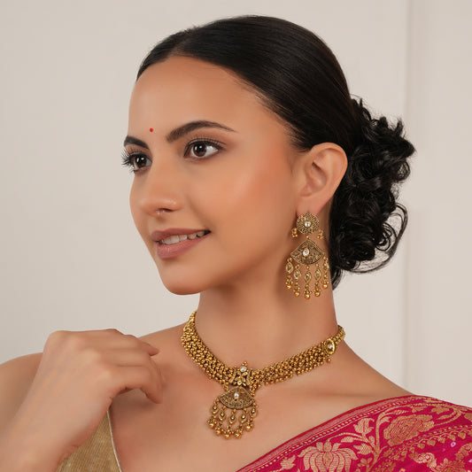 Amazing antique gold necklace set with jhumka earring for women
