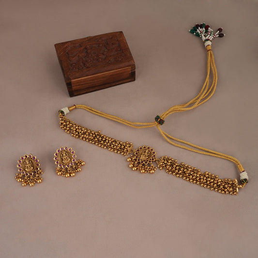 Cute antique gold maa lakshmi ruby choker set