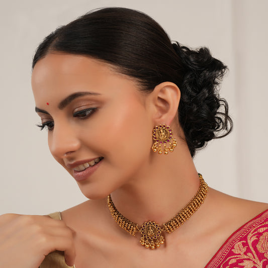 Cute antique gold maa lakshmi ruby choker set