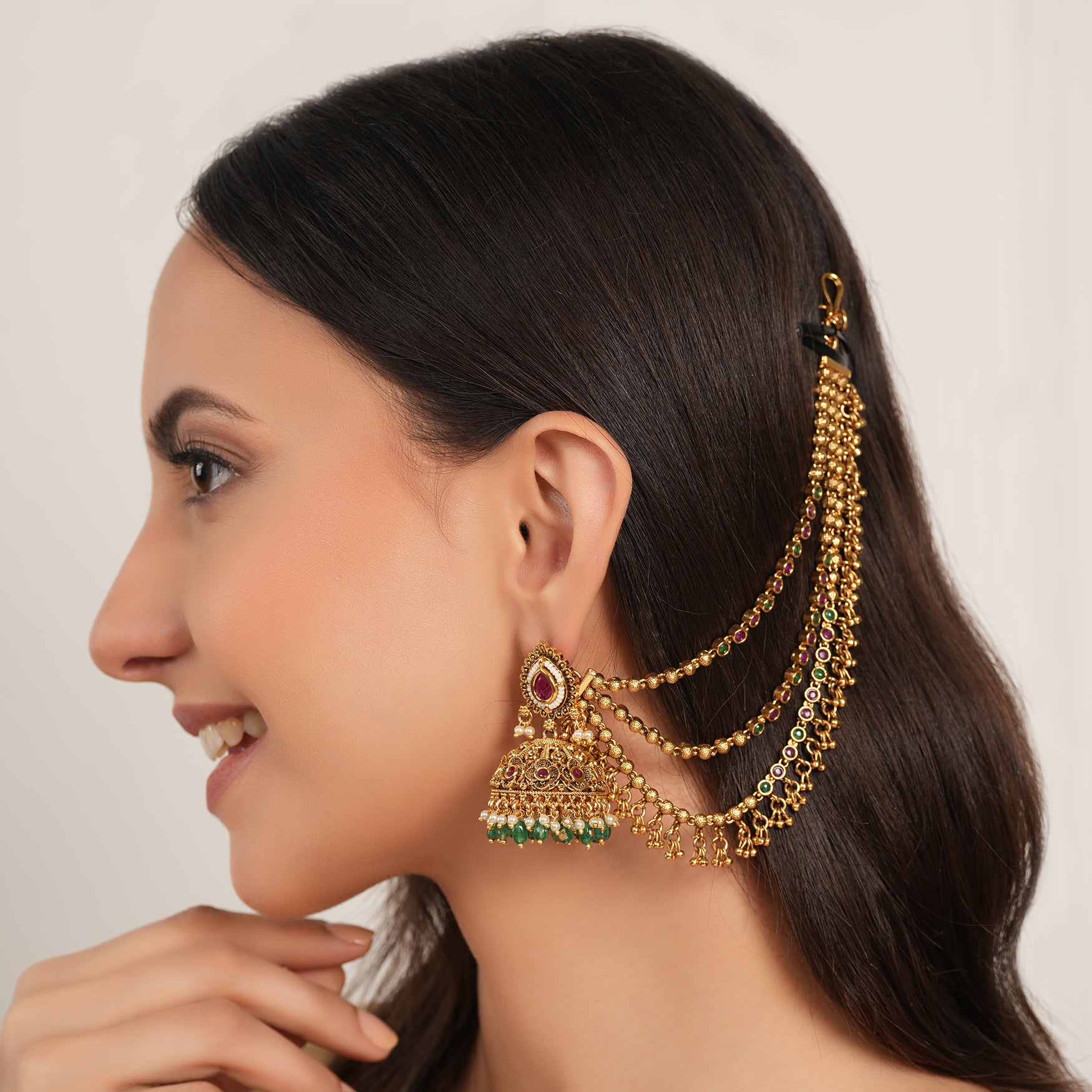 Beautiful multicolor gold plated ear chain with 3 layer