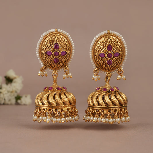 Beautiful antique gold pearl drop ruby jhumka earring