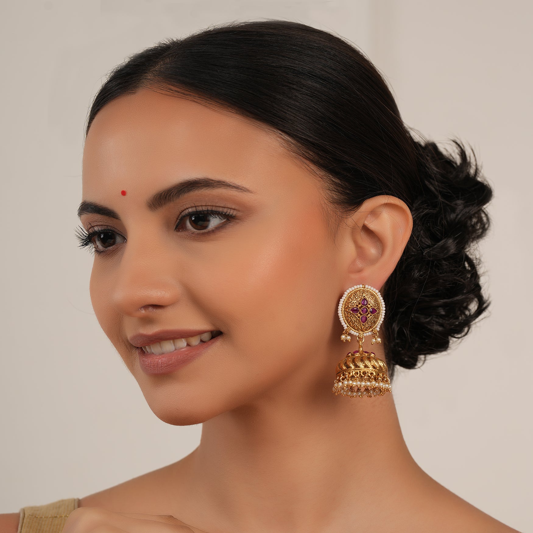 Beautiful antique gold pearl drop ruby jhumka earring