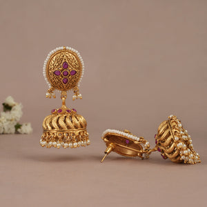Beautiful antique gold pearl drop ruby jhumka earring