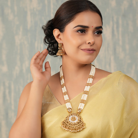 Amazing maa lakshmi long pearl necklace set with earring