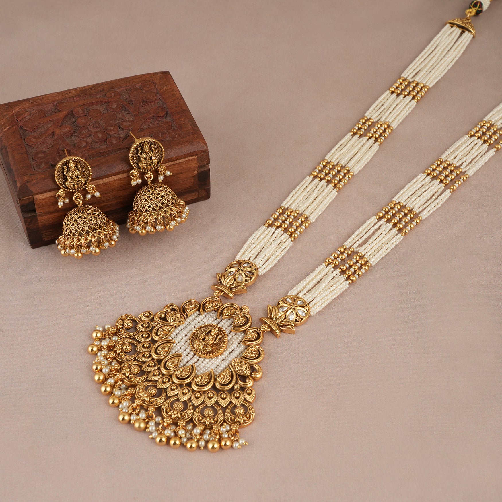 Amazing maa lakshmi long pearl necklace set with earring