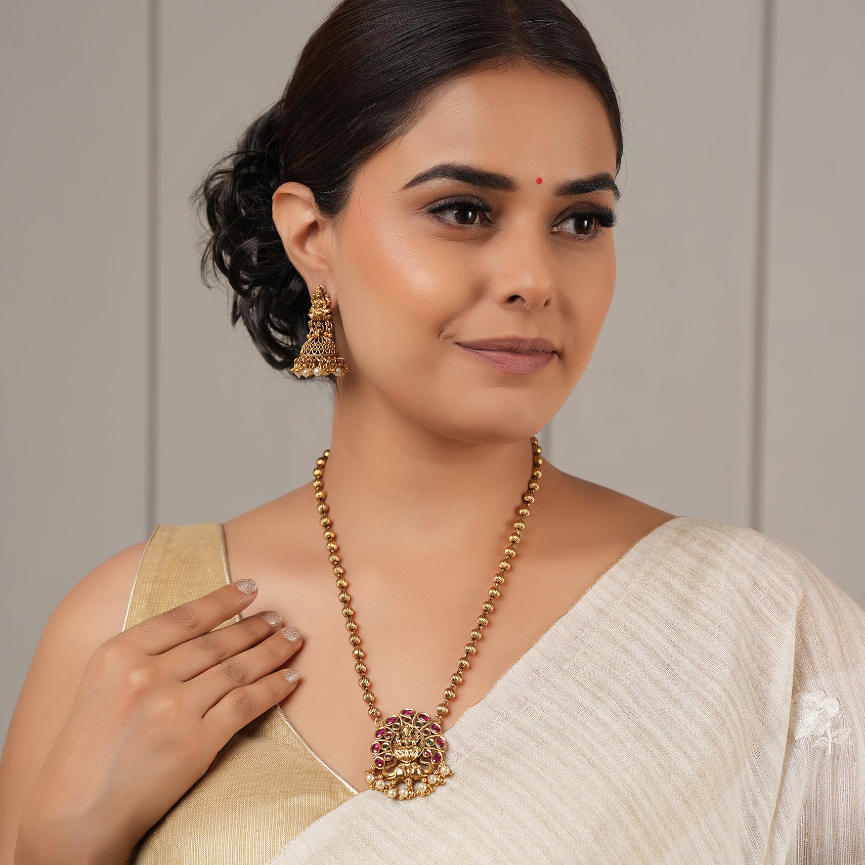 Auspicious antique gold ruby maa lakshmi necklace set | Temple jewellery