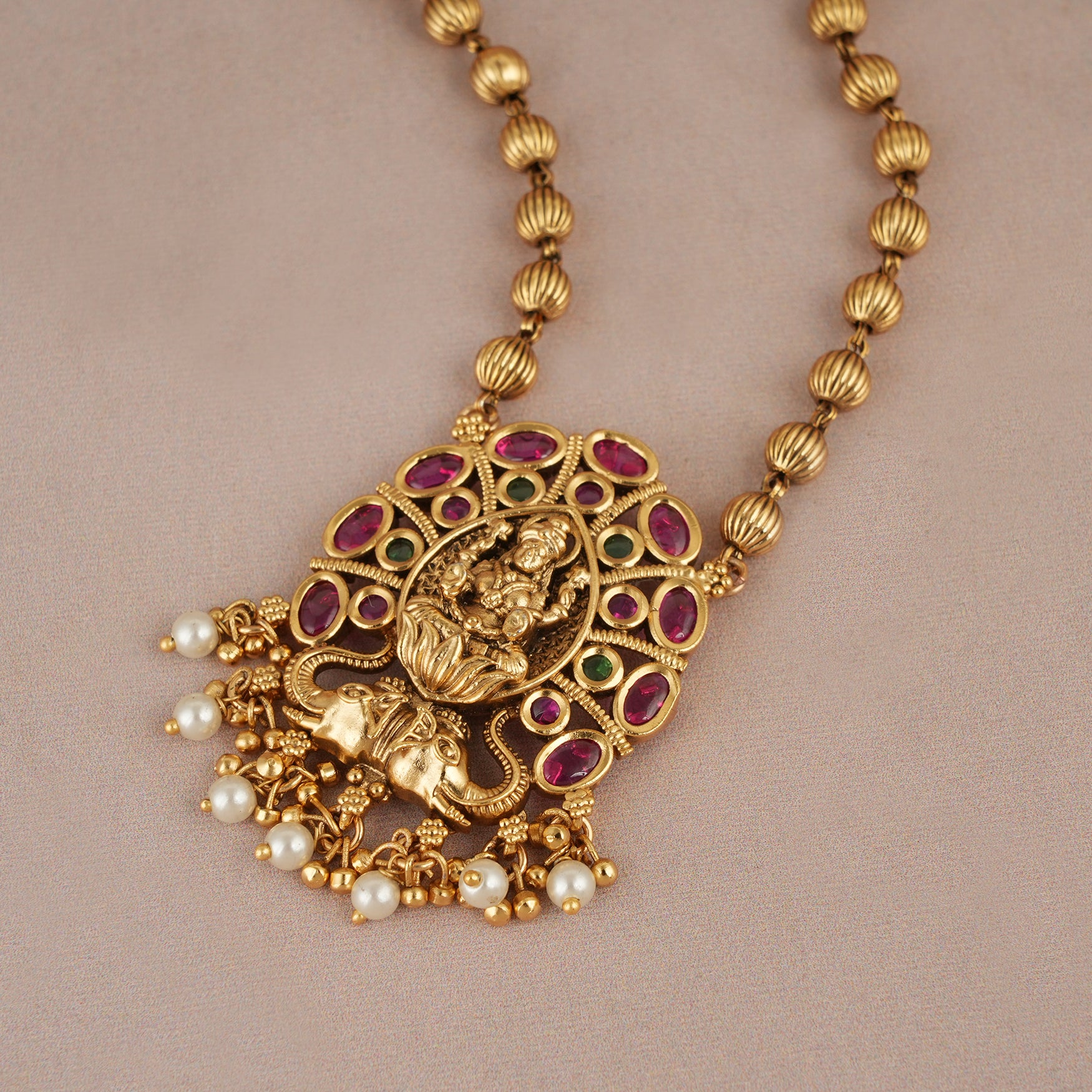 Auspicious antique gold ruby maa lakshmi necklace set | Temple jewellery