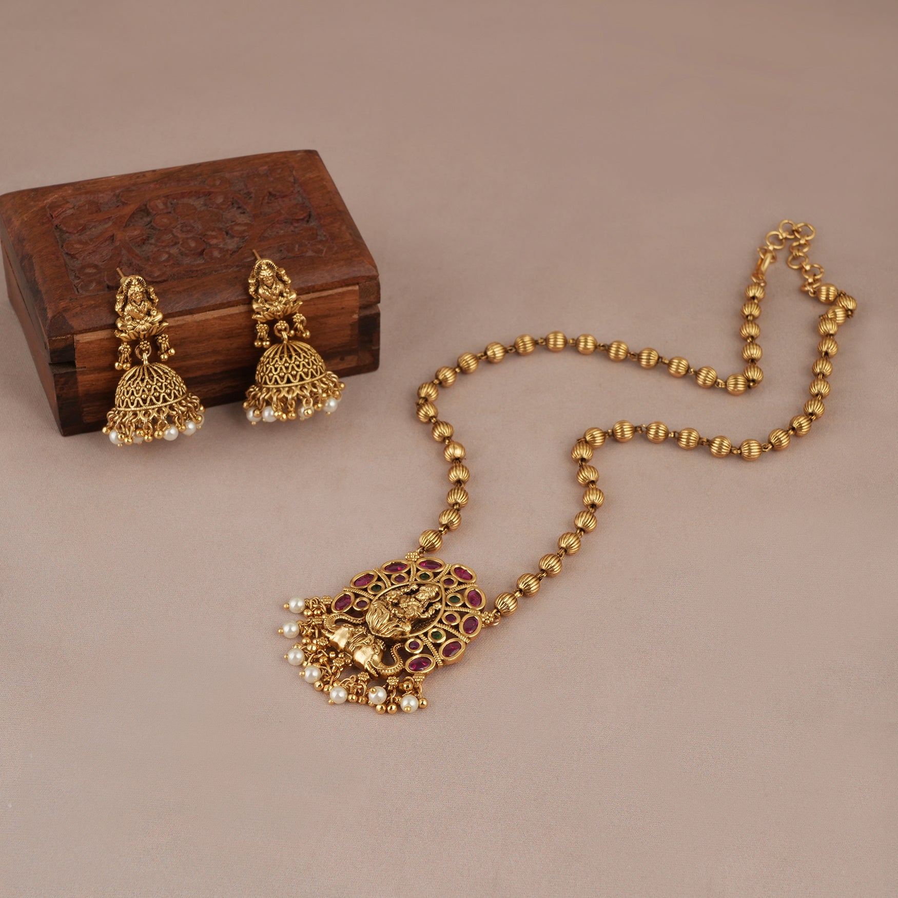 Auspicious antique gold ruby maa lakshmi necklace set | Temple jewellery