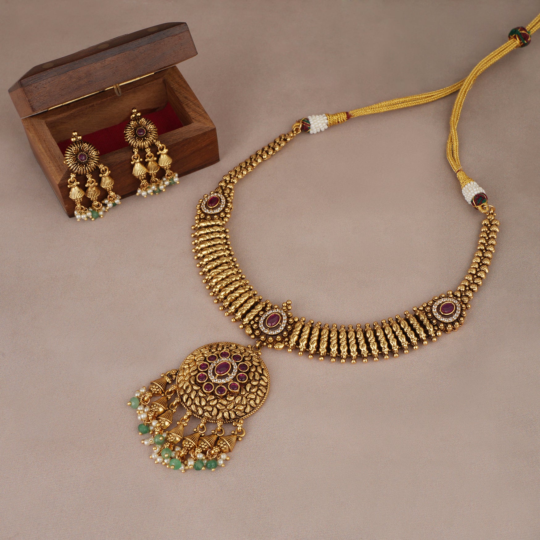 Beautiful antique gold ruby necklace set for women with earring
