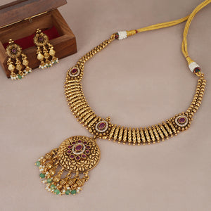 Beautiful antique gold ruby necklace set for women with earring