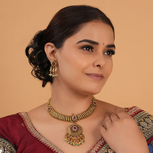 Beautiful antique gold ruby necklace set for women with earring