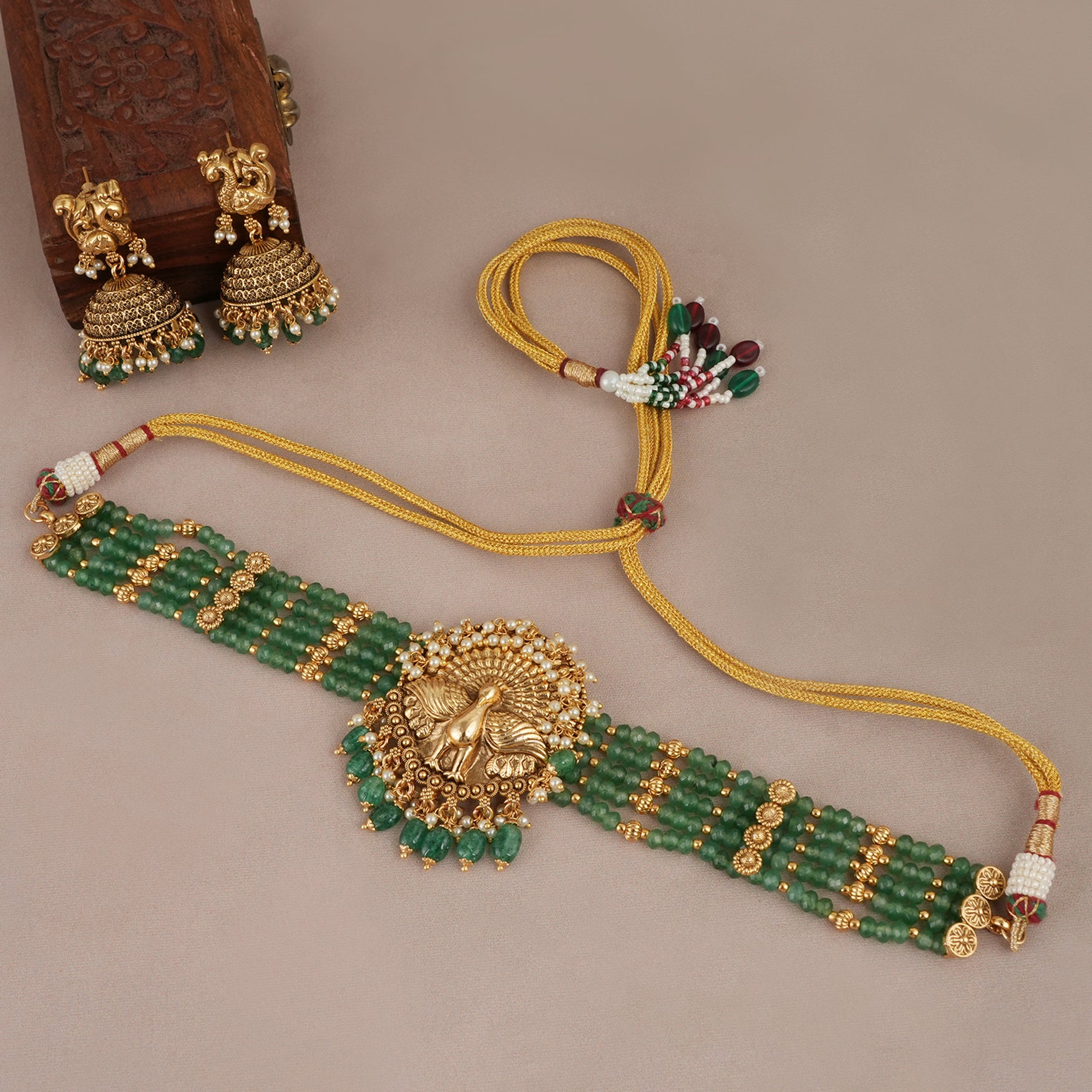 Stunning antique gold plated emerald stone necklace set for women