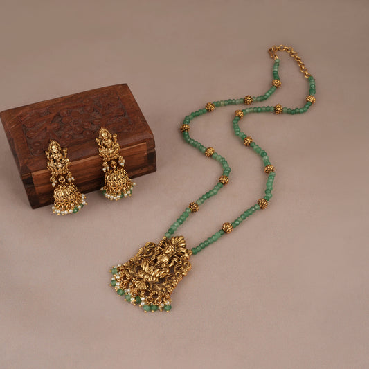 Green stone long antique gold maa lakshmi pendant set for  women I Temple Jewellery