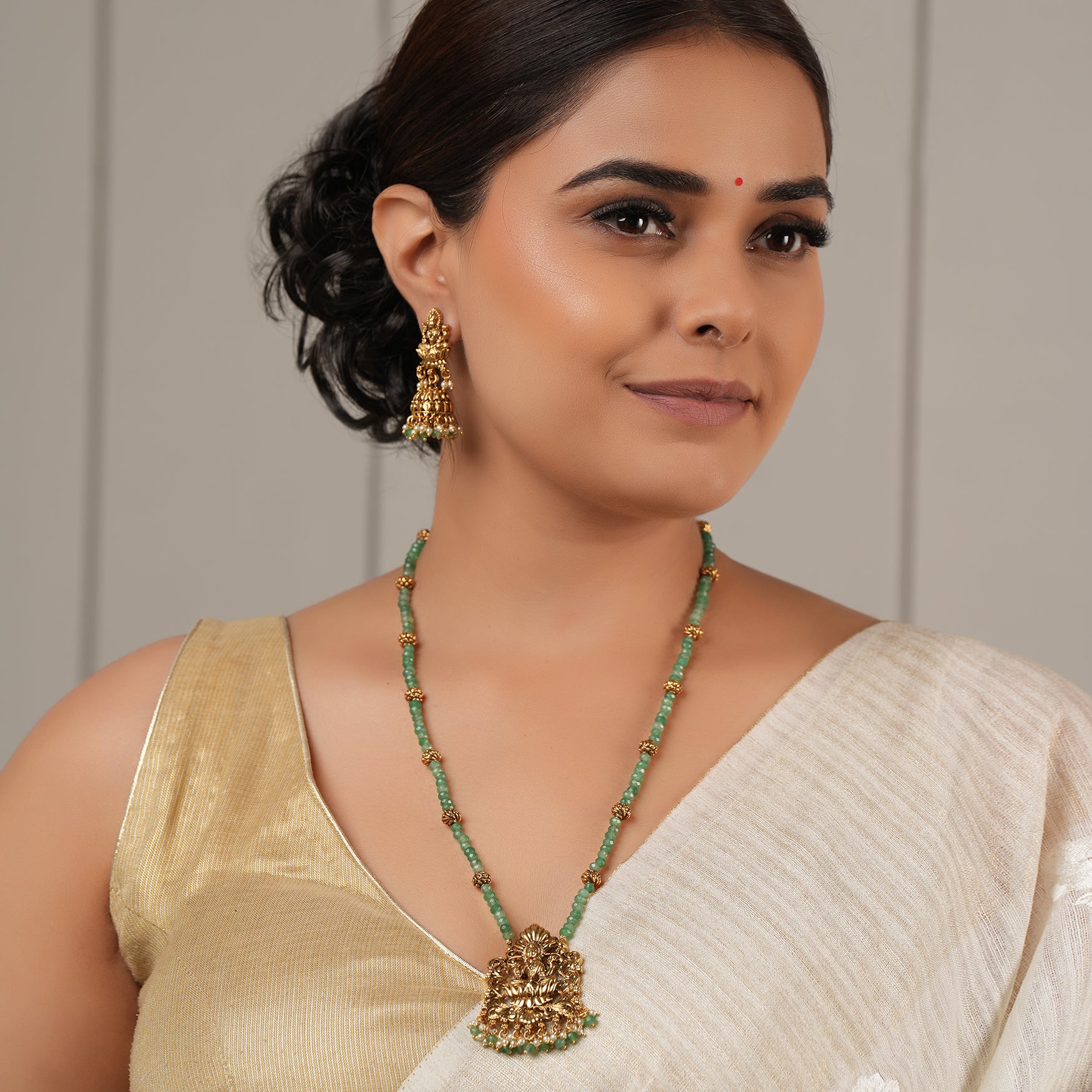 Green stone long antique gold maa lakshmi pendant set for  women I Temple Jewellery