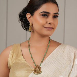 Green stone long antique gold maa lakshmi pendant set for  women I Temple Jewellery