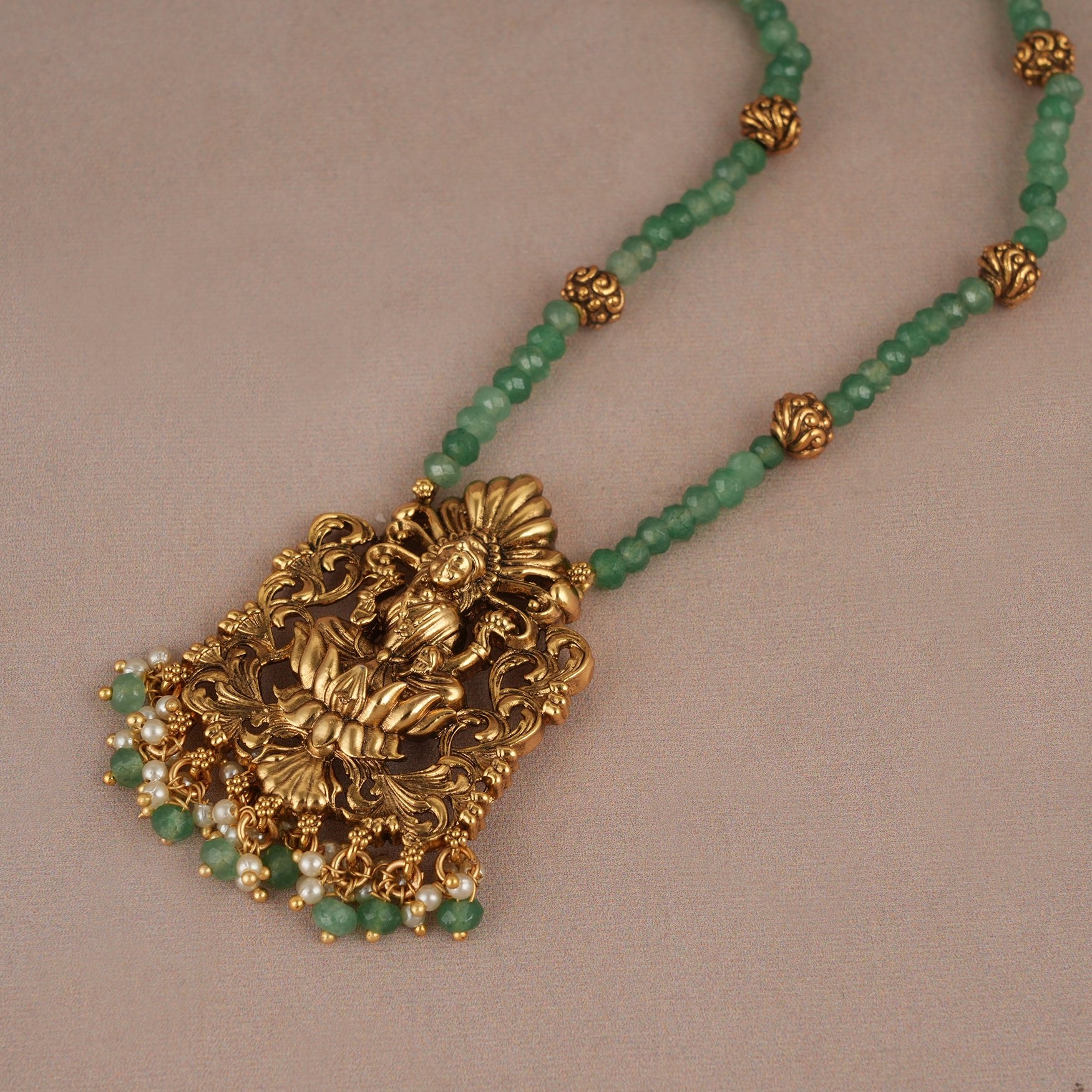 Green stone long antique gold maa lakshmi pendant set for  women I Temple Jewellery