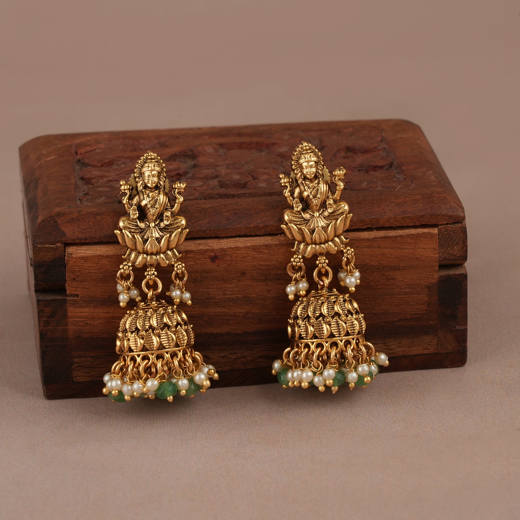 Green stone long antique gold maa lakshmi pendant set for  women I Temple Jewellery