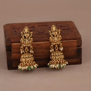 Green stone long antique gold maa lakshmi pendant set for  women I Temple Jewellery