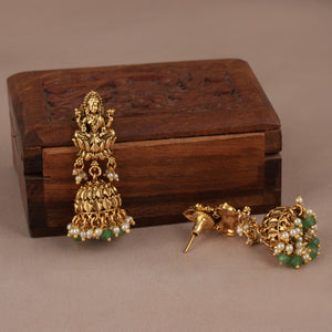 Green stone long antique gold maa lakshmi pendant set for  women I Temple Jewellery